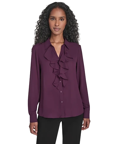 Calvin Klein Women's Solid Long Sleeve Ruffle Front Blouse