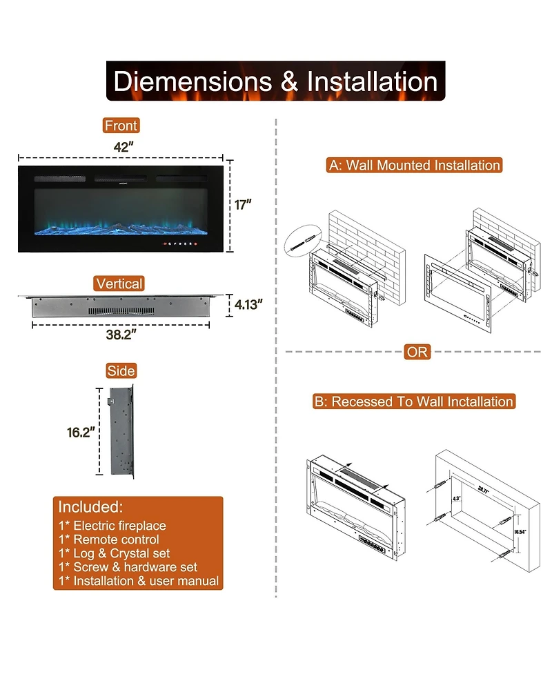 42''Classic Built-in or Wall-Mounted Direct Vent Electric Fireplace