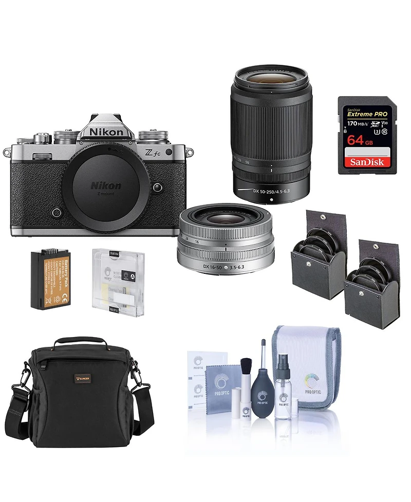 Nikon Z fc Dx-Format Mirrorless Camera with Nikkor Z Dx 16-50mm Lens, Silver and 50-250mm Lens, Black Bundle with 64GB Sd Card, Shoulder Bag, Extra Ba