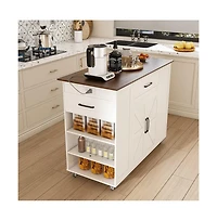 Maison Boucle 46" Kitchen Island with Power Outlet, Drawers & Cabinet, Rolling Farmhouse Cart with Wood Top & Locking Wheels-Maison Boucle
