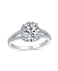 Bling Jewelry Classic 3CTW Cubic Zirconia Halo Solitaire Oval Promise Ring Cz Pave Split Shank Thin Band 14K Gold Plated .925 Sterling Silver