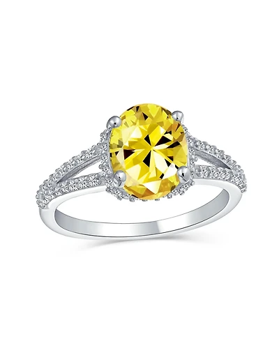 Bling Jewelry Classic 3CTW Cubic Zirconia Halo Solitaire Oval Promise Ring Cz Pave Split Shank Thin Band 14K Gold Plated .925 Sterling Silver