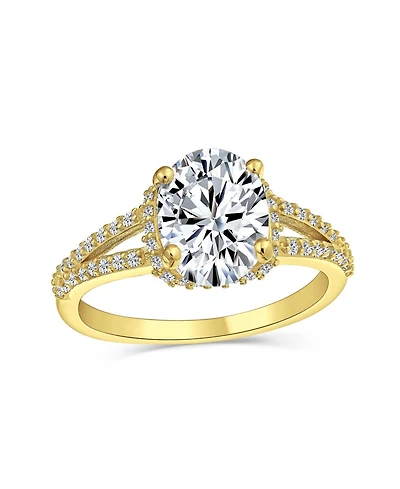 Bling Jewelry Classic 3CTW Cubic Zirconia Halo Solitaire Oval Promise Ring Cz Pave Split Shank Thin Band 14K Gold Plated .925 Sterling Silver