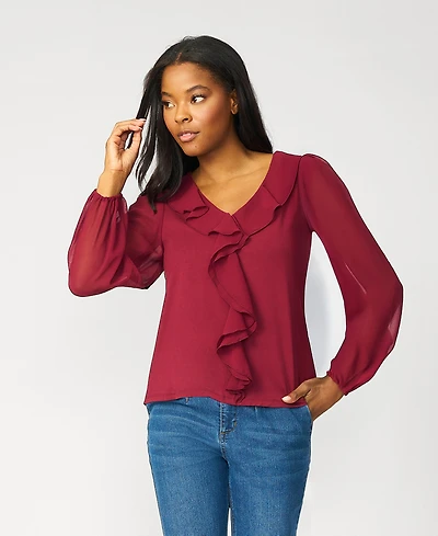 Cable & Gauge Women's Poet Chiffon Ruffle V-Neck Knit Top