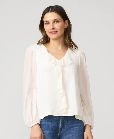 Cable & Gauge Women's Poet Chiffon Ruffle V-Neck Knit Top