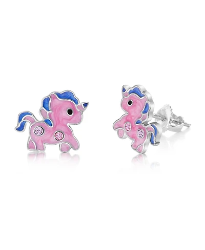 Chanteur/Girl/Unicorn Enamel Crystal White Gold Palladium Plating Screwstud Earring