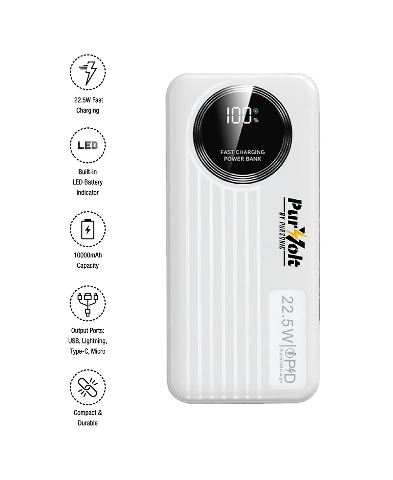 Pursonic 10,000mAh Led Fast Charging Power Bank – Built-in Cables, 22.5W Output, Type-c/Usb/Lightning Compatibility