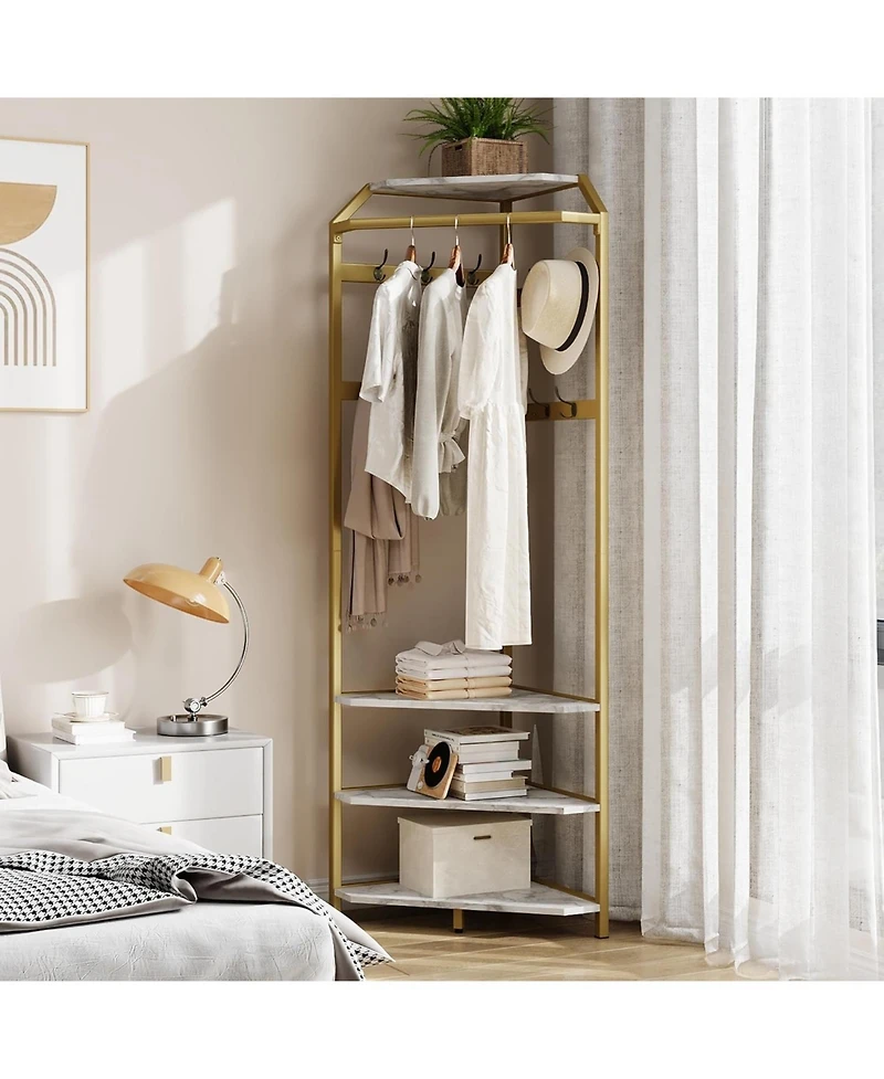 gaomon Corner Coat Rack With Shoe Bench and 6 Double Hooks, Corner Hall Tree