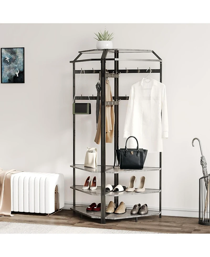 gaomon Corner Coat Rack with Shoe Bench Entryway and 12 Double Hooks, Corner Hall Tree