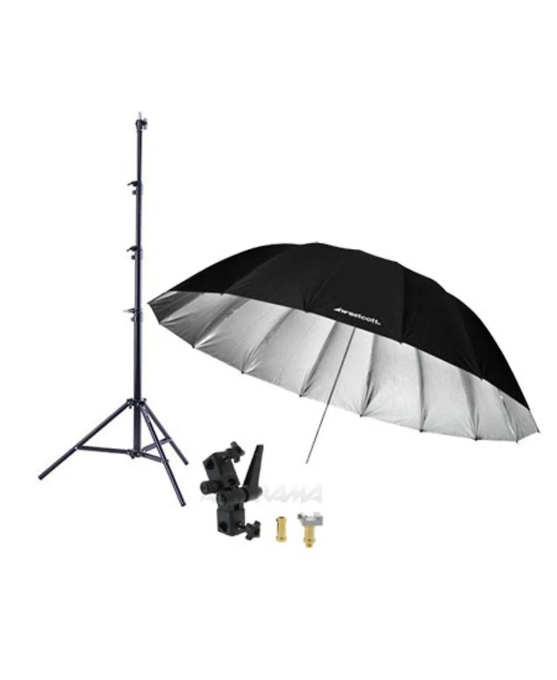 Westcott 7 Feet Silver Parabolic Umbrella Bundle with Umbrella Bracket / Adjutsable Flash Mount, 9.5' Black Lightstand