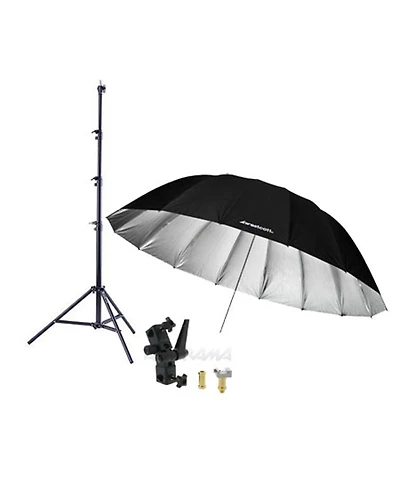 Westcott 7 Feet Silver Parabolic Umbrella Bundle with Umbrella Bracket / Adjutsable Flash Mount, 9.5' Black Lightstand