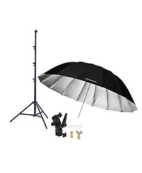 Westcott 7 Feet Silver Parabolic Umbrella Bundle with Umbrella Bracket / Adjutsable Flash Mount, 9.5' Black Lightstand