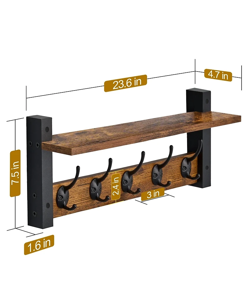 Sorbus Inch Floating Wall Shelf with 5 Heavy Duty Hooks – for Entryway, Bathroom, Bedroom, Kitchen