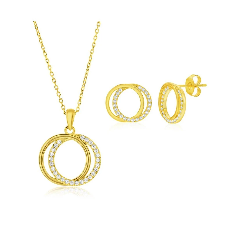 Simona Sterling Silver, Interlocking Circle Cz Necklace & Earrings Set
