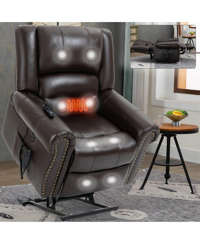 Clihome Power Lift Recliner Chair Heat Massage Dual Motor Infinite Position Up to 350 Lbs Genuine Leather Heavy Duty Motion Mechanism with Usb Ports B