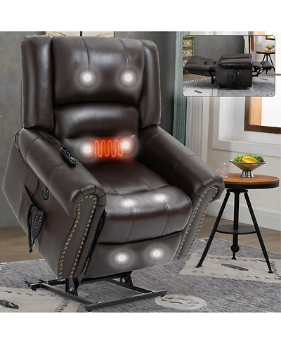 Clihome Power Lift Recliner Chair Heat Massage Dual Motor Infinite Position Up to 350 Lbs Genuine Leather Heavy Duty Motion Mechanism with Usb Ports B