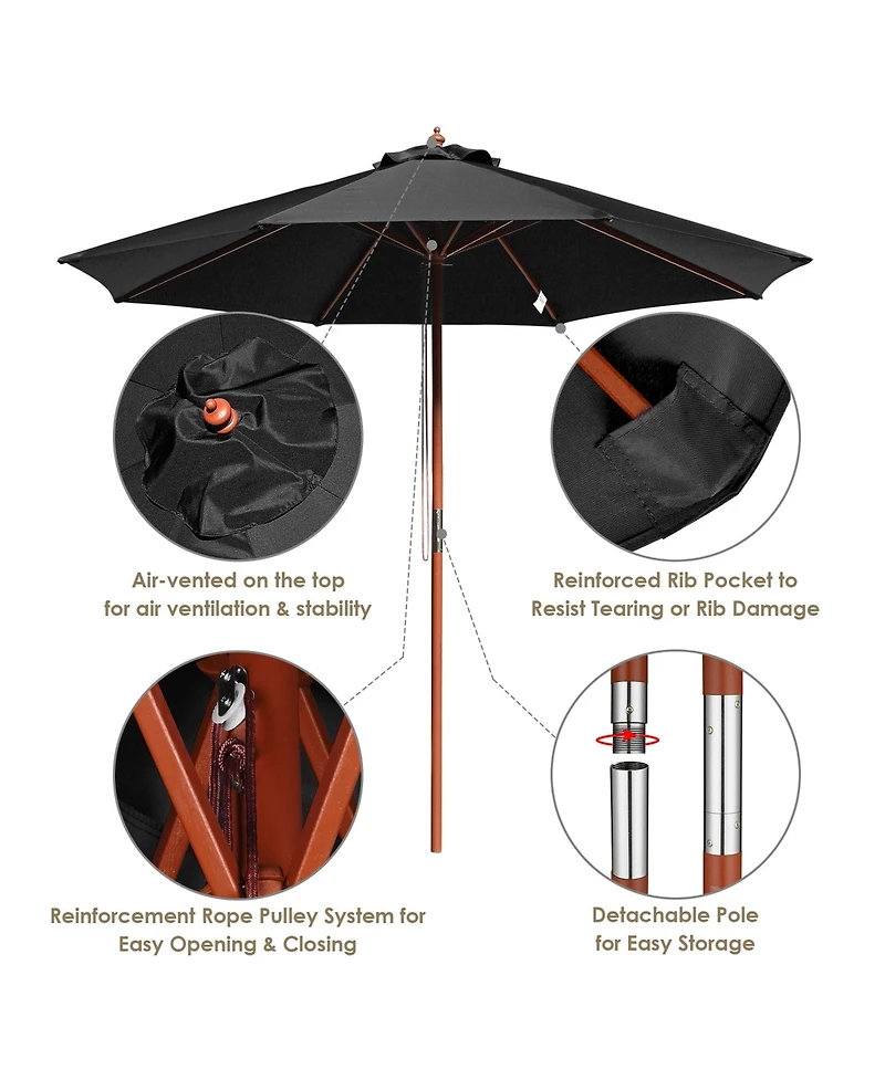 Yescom 9ft Solid Wood Outdoor Patio Umbrella with Base Included Parasol Wheels Stand for Bistro Market Garden Deck Yard Poolside