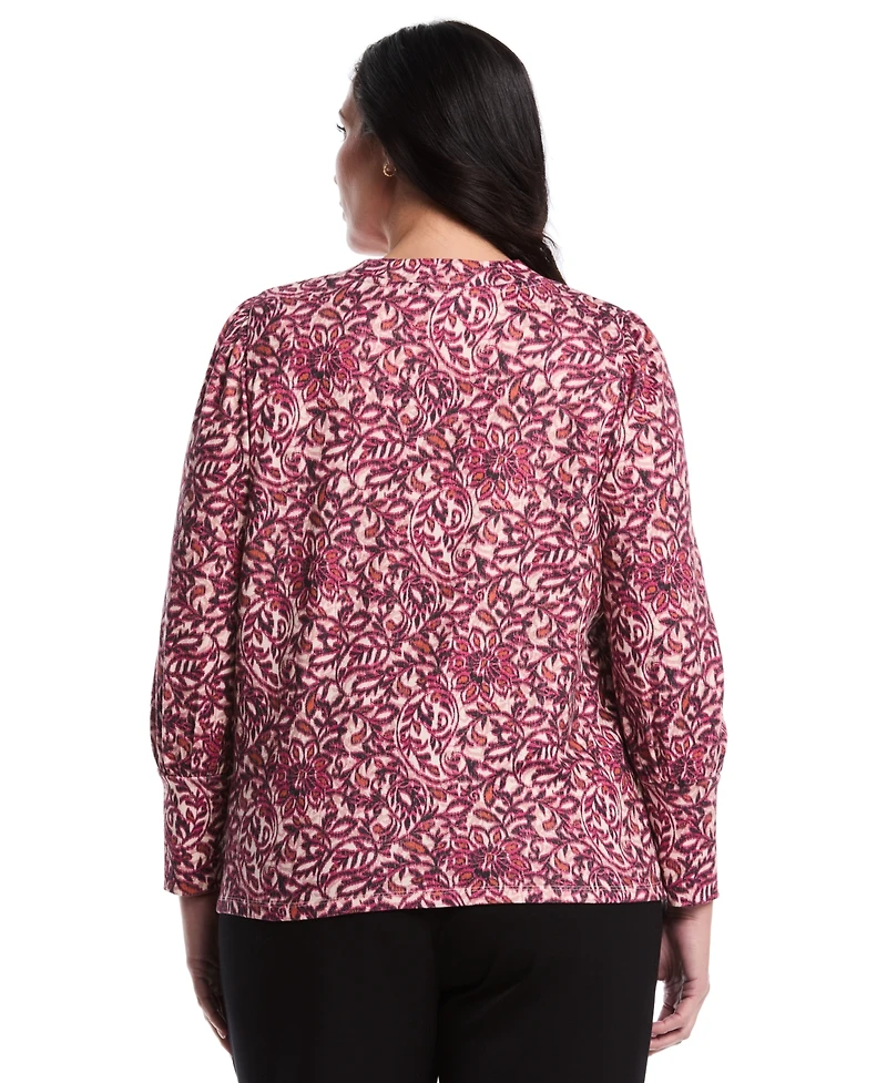 Rafaella Plus Paisley Print Puff Long Sleeve Crew Neck Top