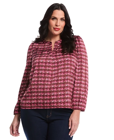 Rafaella Plus Crosshatch Print Split Neck Long Sleeve Popover Top