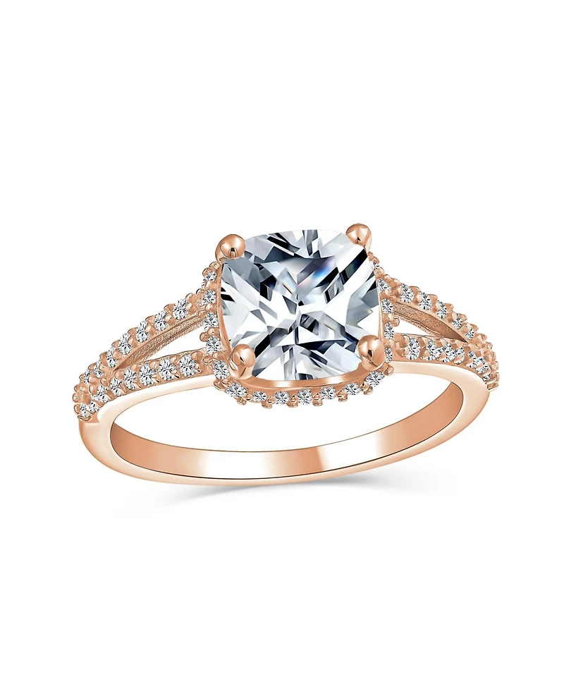 Bling Jewelry Classic 3CTW Cz Cubic Zirconia Halo Solitaire Cushion Cut Promise Ring Pave Split Shank Band Rose Gold Sterling Silver
