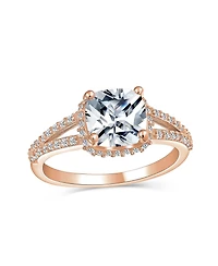 Bling Jewelry Classic 3CTW Cz Cubic Zirconia Halo Solitaire Cushion Cut Promise Ring Pave Split Shank Band Rose Gold Sterling Silver