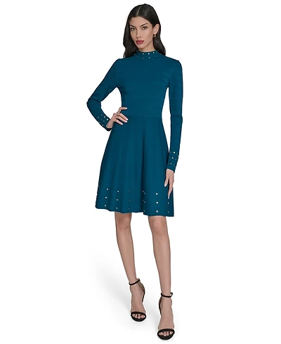 Vince Camuto Petite Mock-Neck Embellished Fit & Flare Dress