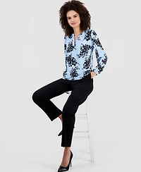 Ak Anne Klein Women's Floral-Print Split-Neck Long-Sleeve Top