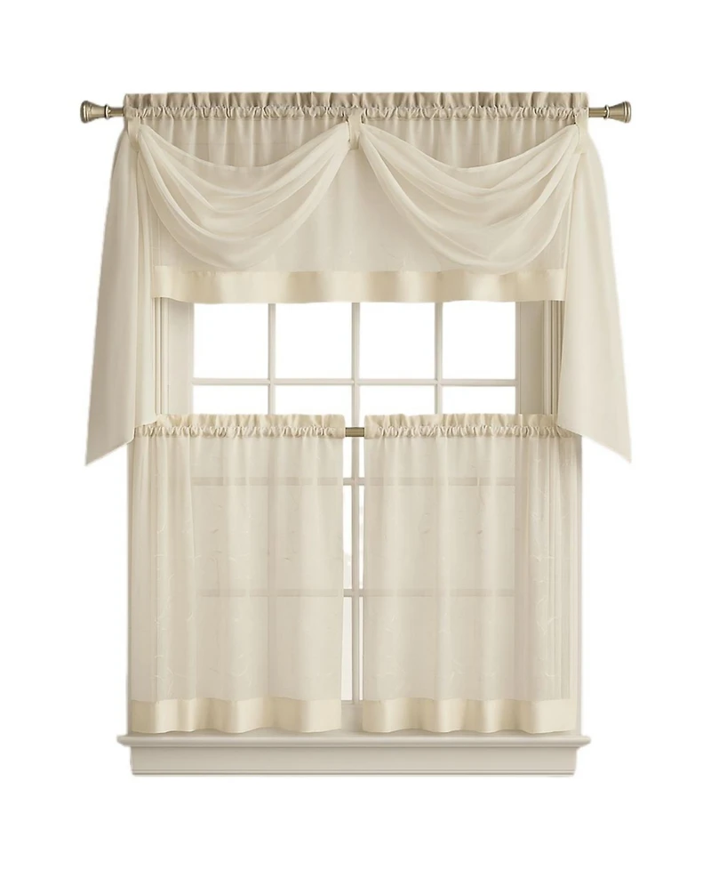 Kate Aurora Living Complete 4 Piece Linen Leaf Embroidered Kitchen Curtain Set - 58 in. W x 36 L, Gold