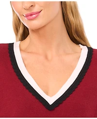 CeCe Women's Contrast Collar V-Neck Sweater