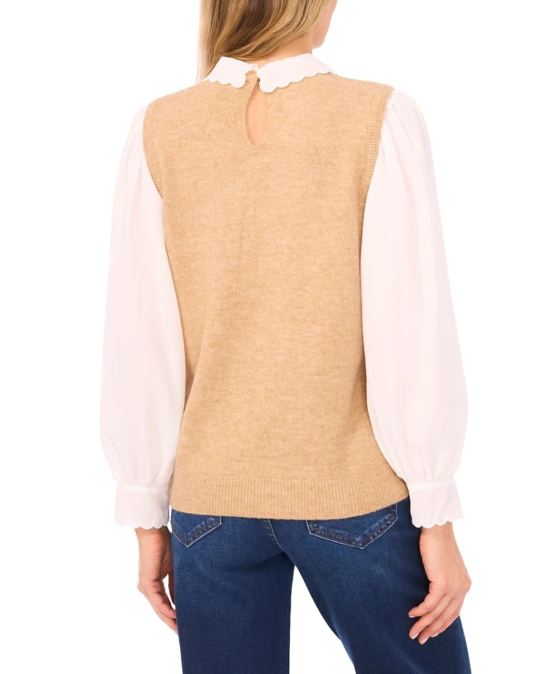 CeCe Women's Scallop Edge Twofer Long Sleeves Sweater