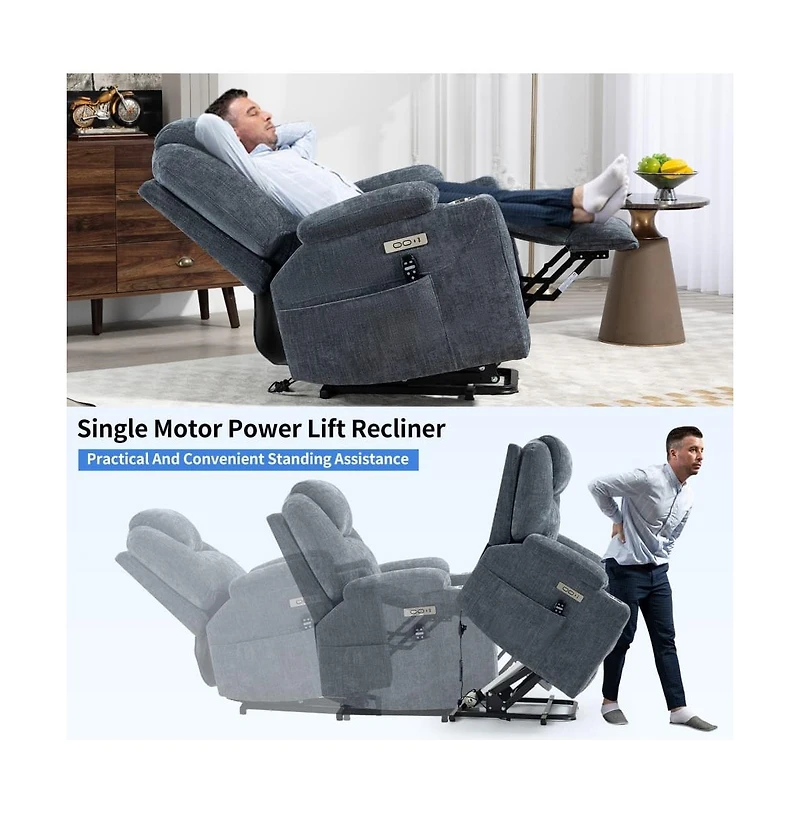 Lift Recliner Chair with Massage, Heat & Usb Charging, Chenille Upholstery, Cup Holders, 350 Lbs Support-Maison Boucle