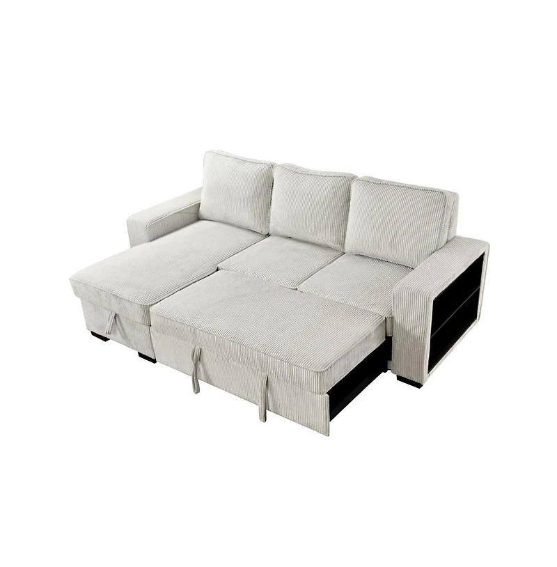 Modern Pull-Out Sofa Bed with Storage Chaise, Usb Charging & Bookshelf Arm, Sleeper Sectional Couch for Small Spaces-Maison Boucle