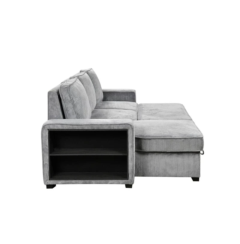 Modern Pull-Out Sofa Bed with Storage Chaise, Usb Charging & Bookshelf Arm, Sleeper Sectional Couch for Small Spaces-Maison Boucle