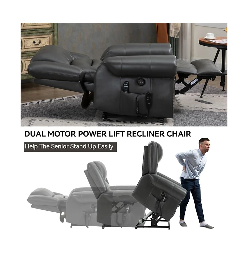 Faux Leather Power Lift Recliner with Massage & Heat, Usb Ports, Dual Motor Infinite Position Electric Chair-Maison Boucle