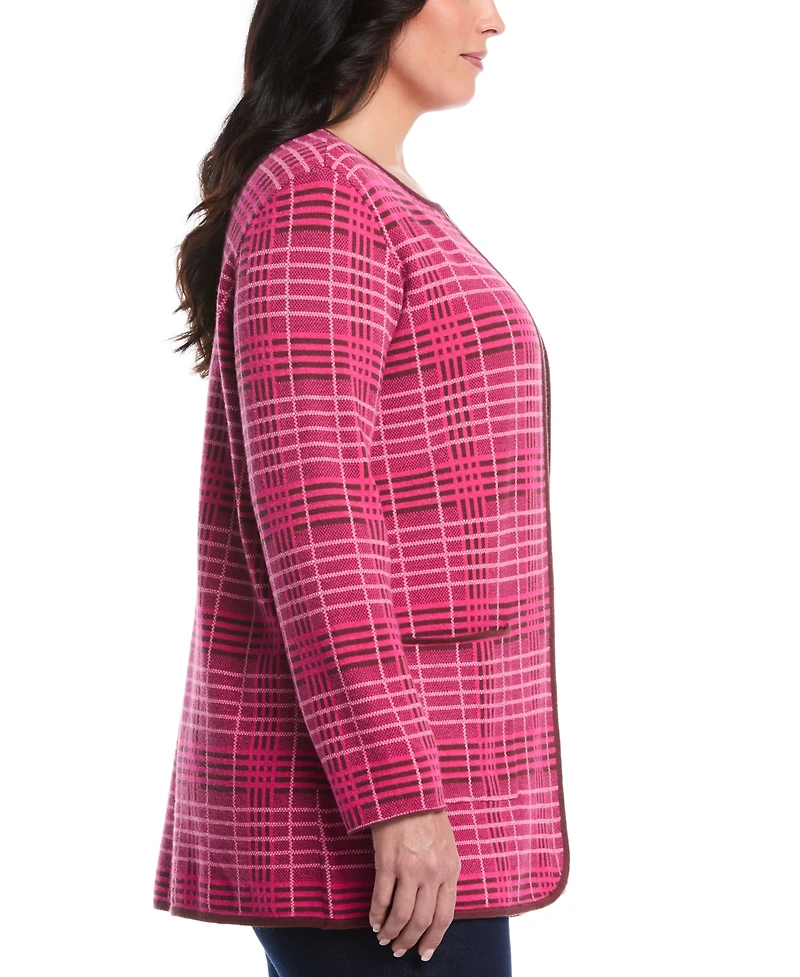 Rafaella Plus Size Crosshatch Patch Pocket Open Long Sleeve Cardigan Sweater