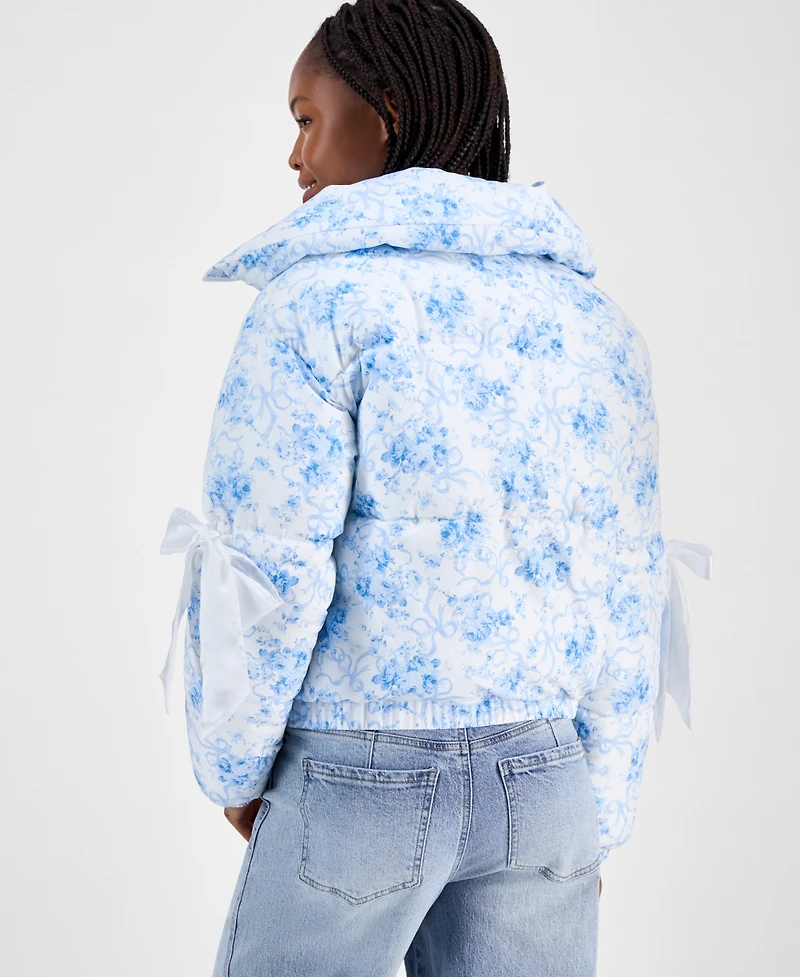 Madden Girl Juniors' Printed Bow-Trim Puffer Jacket