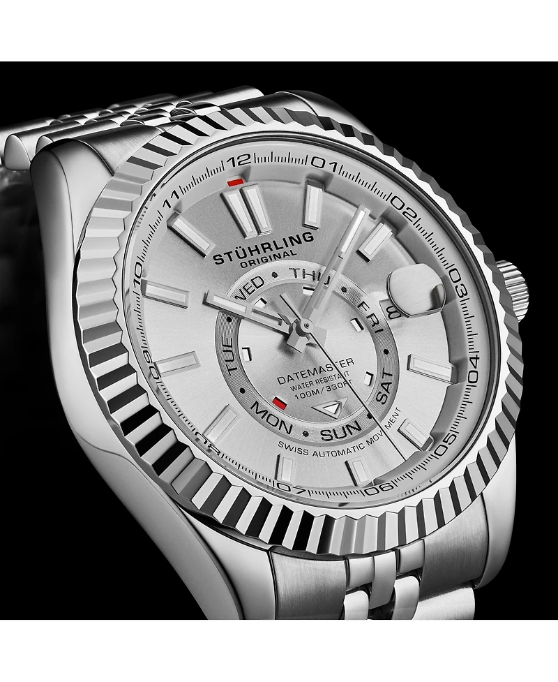 Stuhrling Datemaster Ii Men s Swiss Automatic 42mm Stainless Steel Watch, Silver Dial, Fluted Bezel, Day & Date, 100M Water Resistant
