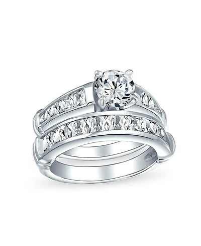 Bling Jewelry Classic Sterling Silver 2CT Round Cz Solitaire & Channel-Set Band Ring Set