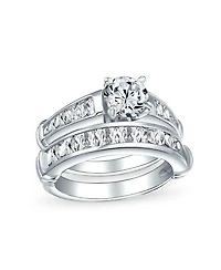 Bling Jewelry Classic Sterling Silver 2CT Round Cz Solitaire & Channel-Set Band Ring Set