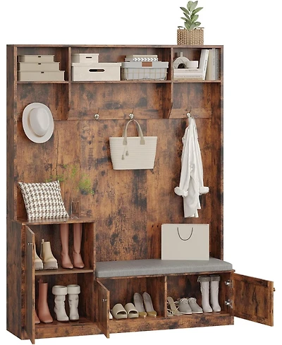 gaomon Hall Tree with Shoe Storage, 78.8" Entryway Bench with Coat Rack, with 4 Shoe Cabinet, 4 Coat Hooks, 3 Top Open Shelves, 5-in-1 Freestandi