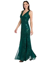 R & M Richards Women's Lace Sequin V-Neck Sleeveless Gown