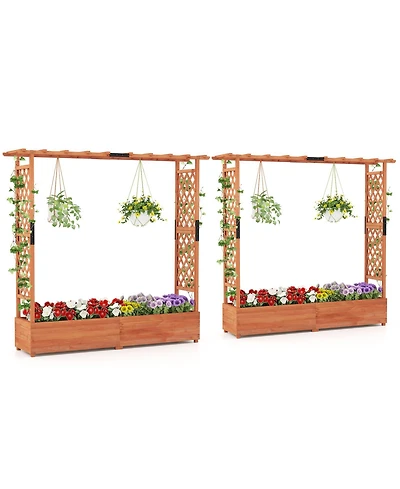 Gymax 2PCS Raised Garden Bed Planter Box w/ Side & Top Trellis for Vine Climbing Plants
