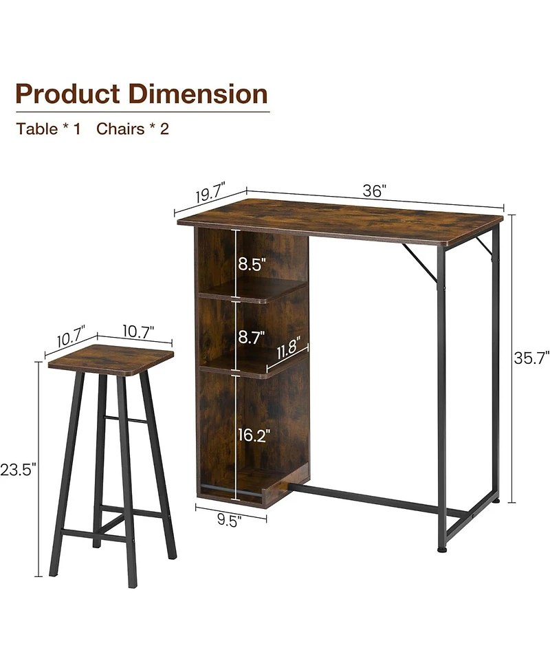 gaomon 3 Piece Small Bar Table and Chairs Set, Kitchen Table for 2 with 3 Storage Shelves, Dining Table with Stools for Small Apartment, Dining Room,