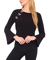CeCe Women's Imitation Pearl Bow Long-Sleeve Knit Top