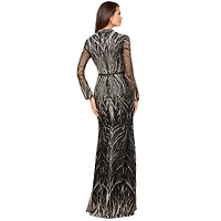 Lara Women's Mandarin V-Neck Gown with Long Sleeves