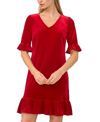 CeCe Women's Velvet 3/4-Sleeve Ruffle Trim Shift Dress