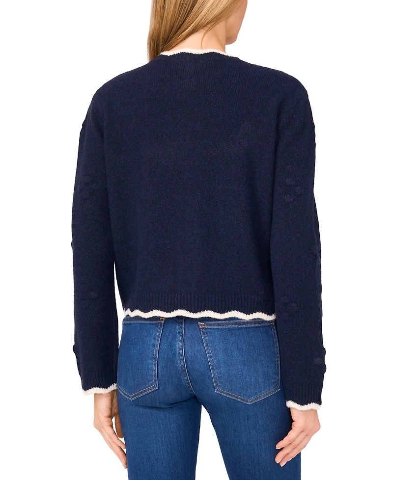 CeCe Women's Scallop Edge Pom Knit Long Sleeves Cardigan