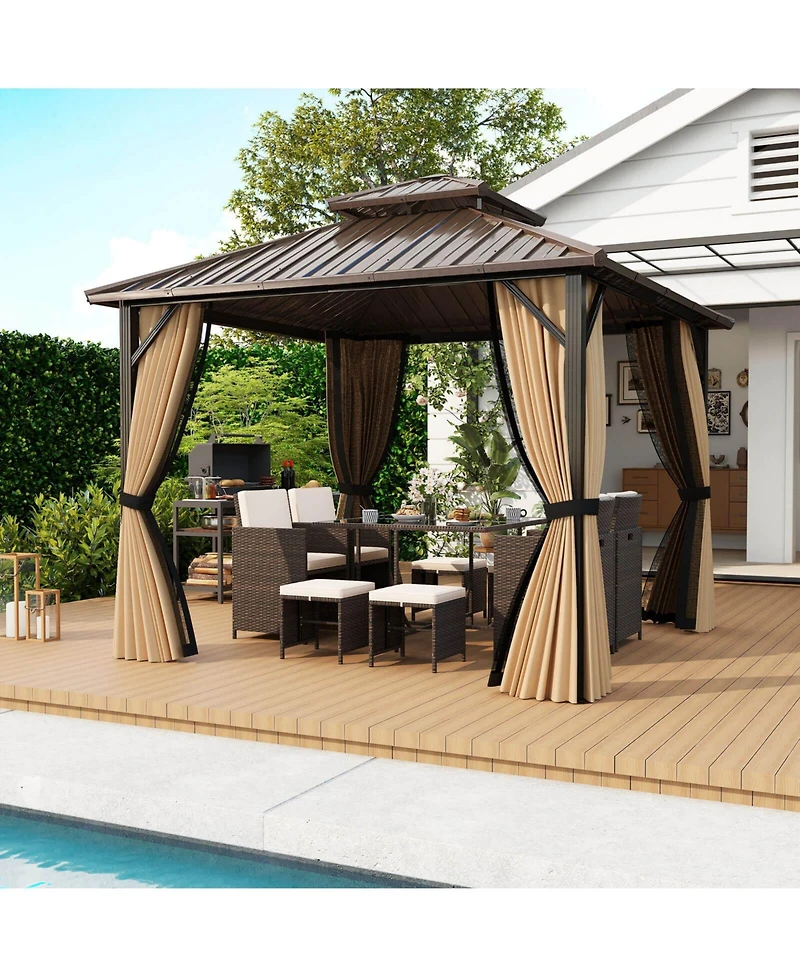 Costway 10 x 10 Ft Hardtop Gazebo with Netting Heavy-Duty Double-Roof Galvanized Metal Top