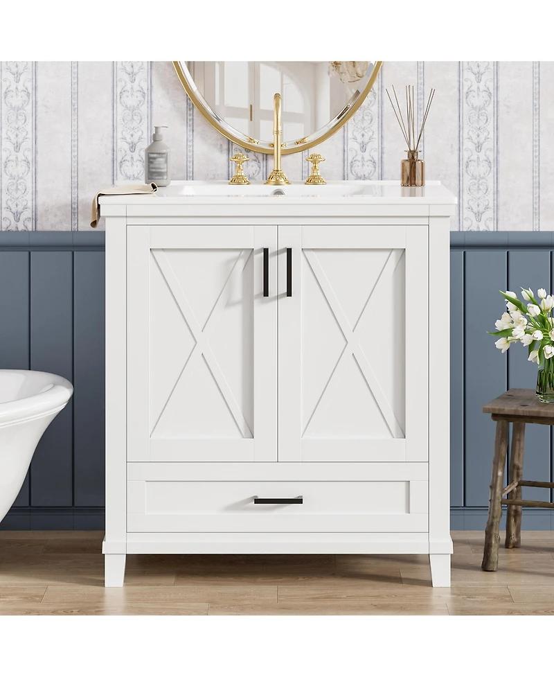 Casainc 30" Bathroom Vanity with Sink, Solid Wood Frame and Mdf, 2 Soft-Close Doors, Drawer and Storage Shelves