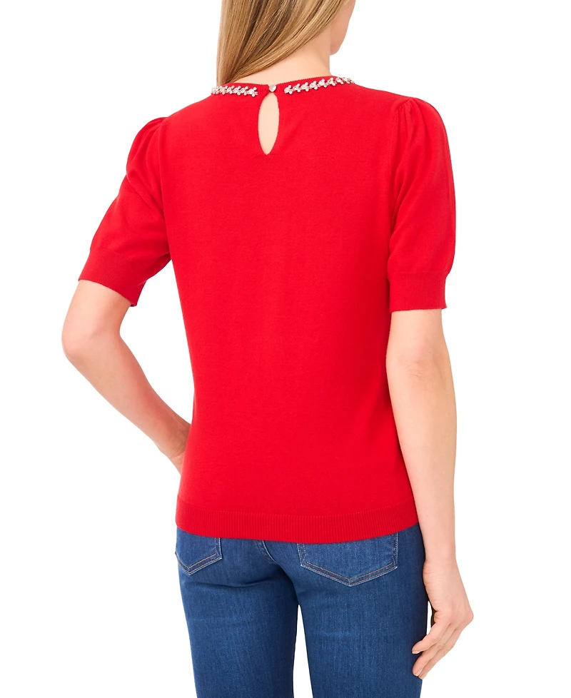 CeCe Women's Embellished Neck Trim Short Sleeve Sweater Top